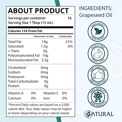 Zatural Grapeseed Oil - 100% Pure Cold Pressed Virgin High Temperature Cooking Oil (8oz)