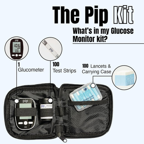 Pip Blood Glucose Monitor Travel Kit, 100 Glucometer Strips, 100 Lancets, Blood Sugar Test Kit with Control Solution