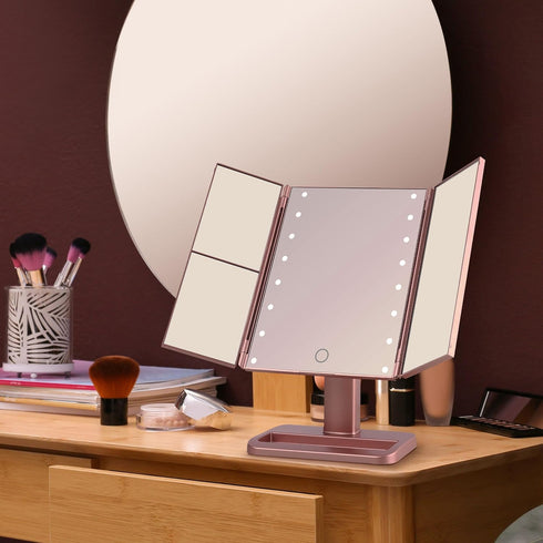 MELANNCO Rose Gold Tri Fold LED Vanity Mirror, 3 Magnifications, Dimmable LED Lights, Touch Control
