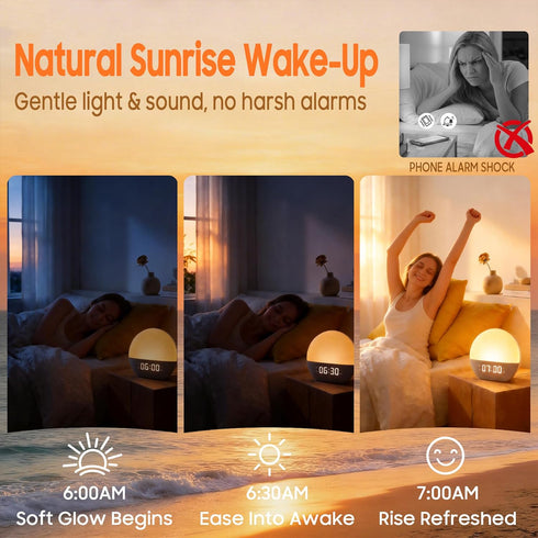 Sunset 30 Sunrise Alarm Clock & White Noise Machine, Effective Alarm Clocks for Deep Sleepers, Bluetooth Speaker Wake