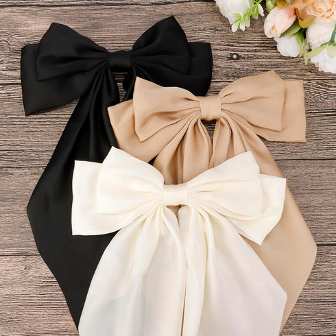 VELSCRUN Hair Bows for Women - 3Pcs Big Hair Clips in White, Black, Brown - Silky Satin Hair Barrettes for Long Hair