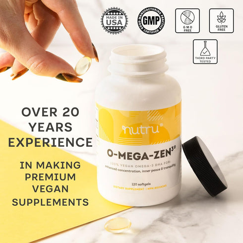 O-Mega-Zen3 Vegan Omega 3 DHA Supplement - 400 mg DHA Essential Fatty Acids, 120 Softgels