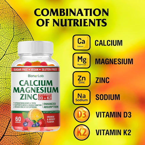 Calcium Magnesium Zinc Gummies - High Potency with Vitamin D3 & K2, Enhanced Absorption, Orange and Berry Flavored