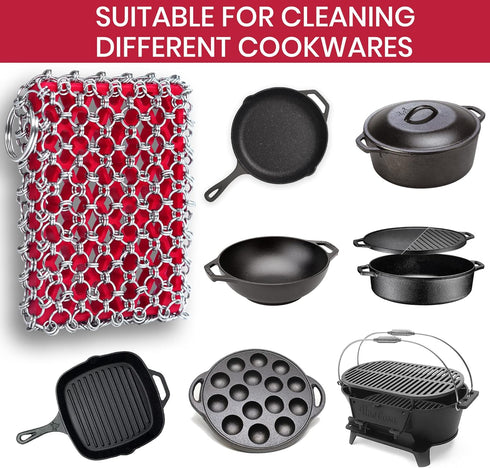 Cast Iron Scrubber Kit + Pan Scraper, 316 Chain Mail Scrubber for Cast Iron Cleaner, Chain Scrubber for Pans