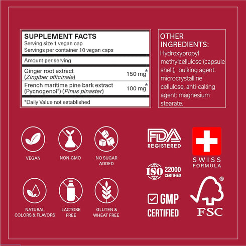 Reduce Swelling in Legs, Ankles, Feet |Relieve Discomfort, Improve Circulation |Antioxidant & Inflammation Support |Pycnogenol 100 mg & Ginger Root Extract |Fast-Acting |10 Vegan Caps
