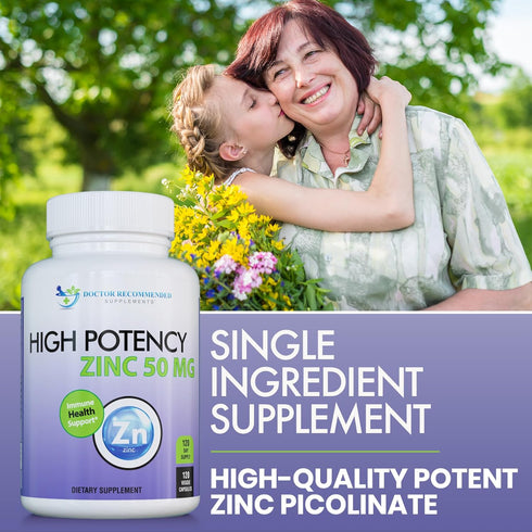 Zinc 50mg Picolinate Supplement | 120 Veggie Capsules for Adults and Kids | Well-Absorbed High Potency Pure Zinc - 50mg