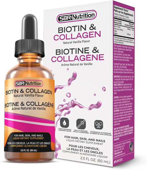 SBR Nutrition Biotin and Collagen Liquid Daily Dietary Supplement for Hair Growth, Skin Health, 2 oz (60mL)