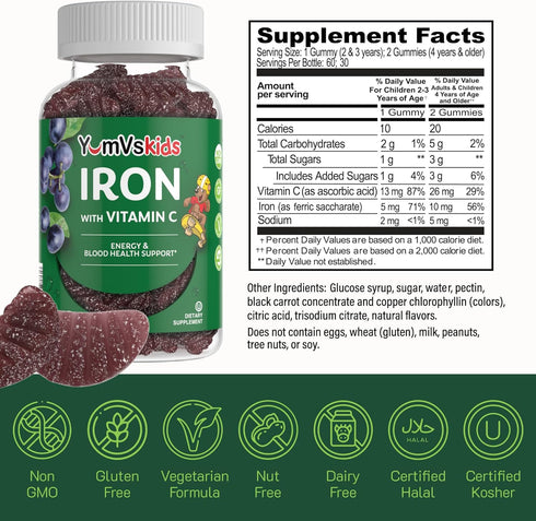 Iron Supplement for Kids - 5 mg Gummies with Vitamin C, Grape Flavor, Vegan, Kosher, Non-GMO - 60 Count