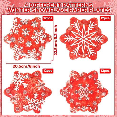 Naozinebi 48 Count 9inch Winter Snowflake Paper Plates Red Christmas Plates Red Snowflake Shaped Christmas Dessert