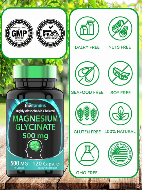 Magnesium Glycinate 500mg Per Capsule, 120 Count, Pure Chelated Supplement for Sleep, Calm, Joint Support