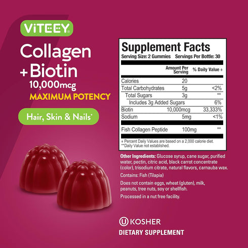 Collagen and Biotin Gummies for Hair, Skin, and Nails, Raspberry Flavored Chewable Vitamins for All Ages