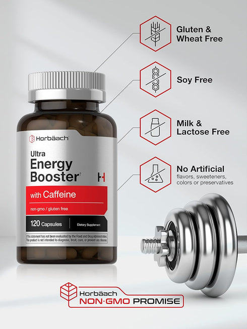 Horbaeach Energy Supplement - 120 Capsules with Caffeine, Ginseng & Vitamin B12, Daily Energy Booster Pills