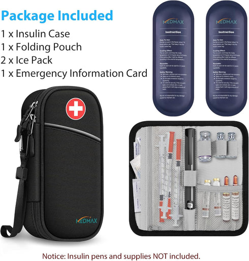 Insulin Cooler Travel Case with 2 Ice Packs, Water Resistant Insulated Diabetic Medication Organizer Bag (Black)