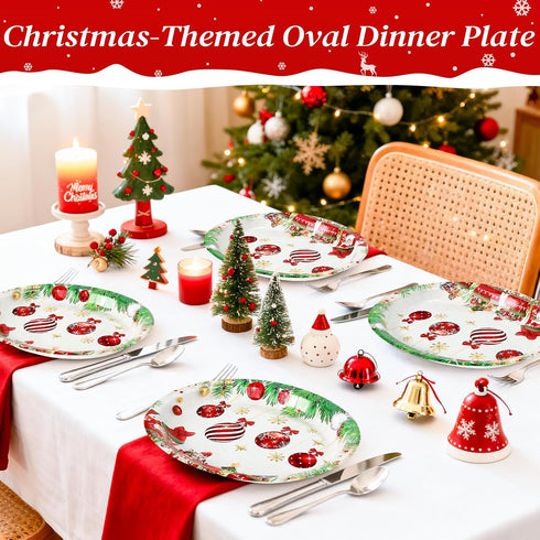 LIKAJON 50 12 10 Inch Pcs Oval Christmas Ball Paper Plates, x Large Disposable Christmas Heavy Duty Paper Plates