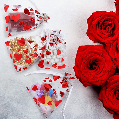 SIROGOGO 50 Pieces Heart Candy Bags, Organza Jewelry Pouches for Jewelry Packaging, Valentine's Day Party Supply
