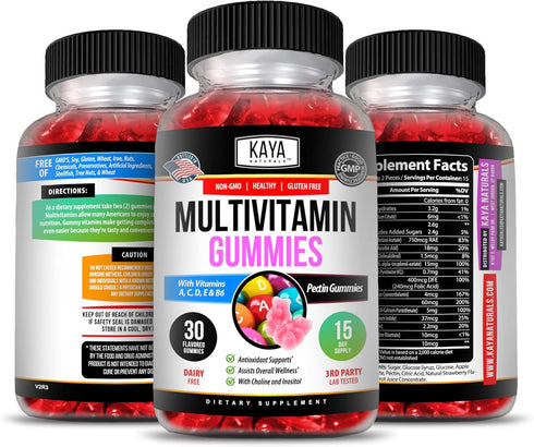 Kaya Naturals Adult Multi Vitamin Gummy, Strawberry Flavor, Biotin, Vitamins A, C, E, Zinc, B-12, 60 Gummies