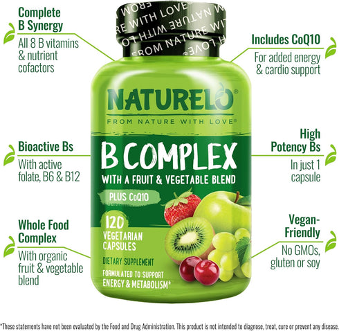 NATURELO Vitamin B Complex - Methyl B12, Methyl Folate, Vitamin B6, Biotin, Choline, CoQ10, 120 Capsules