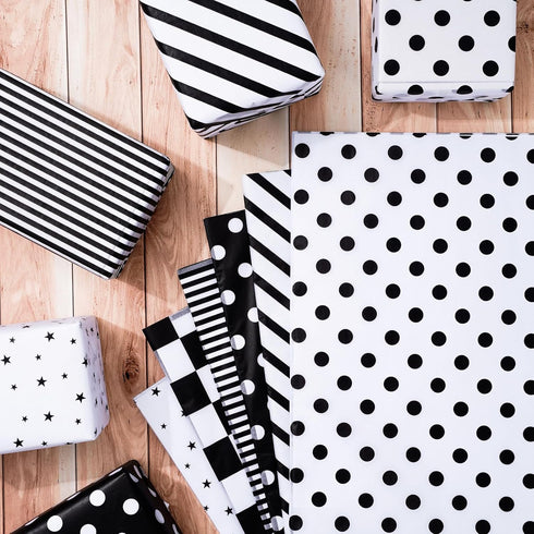 Whaline 120Pcs Checkered Black White Tissue Paper, Star Stripes Polka Dots Pattern for Home Wedding Birthday Gift Wrap