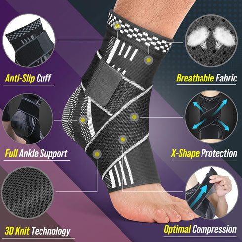 Ankle Compression Sleeve with Strap for Women, Men, Plantar Fasciitis Relief, Achilles Tendonitis, Black M