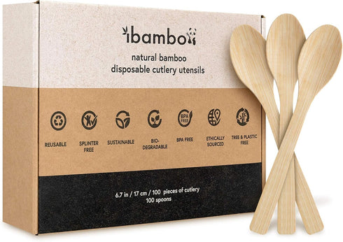 Bamboo Spoons Set, 100 Biodegradable Utensils, Reusable or Disposable Eco-Friendly Flatware for Parties