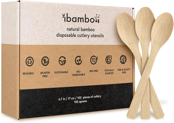 Bamboo Spoons Set, 100 Biodegradable Utensils, Reusable or Disposable Eco-Friendly Flatware for Parties