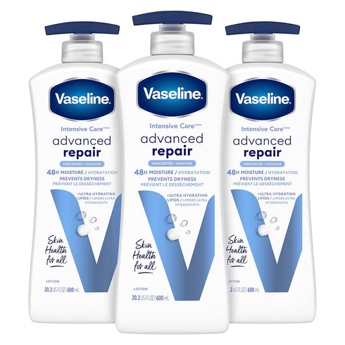 Vaseline Intensive Care Unscented Advanced Repair Body Lotion Pack of 3 - Ultra-Hydrating for Extremely Dry Skin