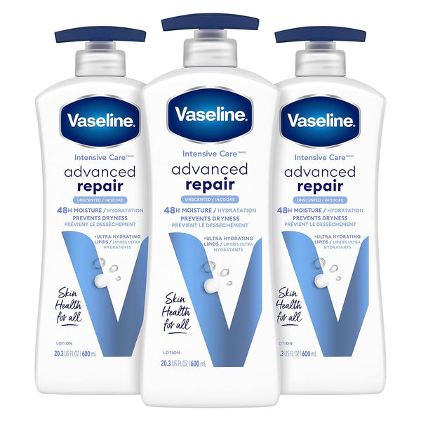 Vaseline Intensive Care Unscented Advanced Repair Body Lotion Pack of 3 - Ultra-Hydrating for Extremely Dry Skin