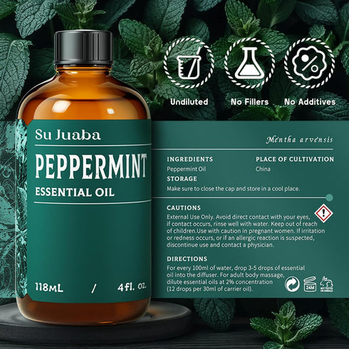 SU JUABA 4 Oz, 100% 118ML Peppermint Oil Fl Pure & Natural Aromatherapy Oil for Spray, Diffuser, Skin, Hair