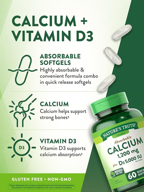 Nature's Truth Calcium 1200 mg with Vitamin D3 5000 IU | 60 Softgels, Non-GMO & Gluten Free