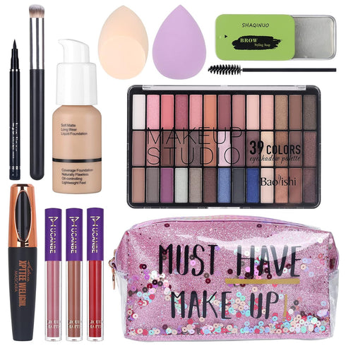 Makeup Set for Women, Full Kit with 39 Colors Eyeshadow Palette, Liquid Foundation, and Makeup Bag
