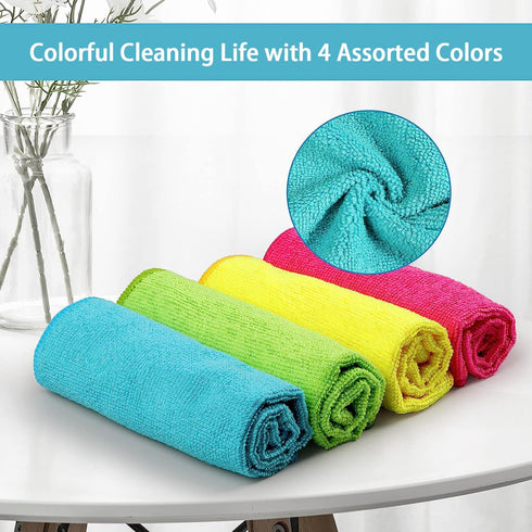 HOMEXCEL Microfiber Cleaning Cloth, 12 Pack Cleaning Rags with 4 Color Assorted, 11.5"X11.5" (Green/Blue/Yellow/Pink)