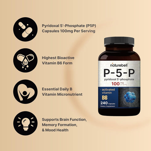 NatureBell P5P Vitamin B6 100mg, 240 Capsules, Activated Pyridoxal 5 Phosphate for Brain & Memory Health