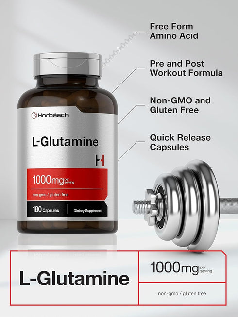Horbaach L Glutamine Capsules 1000mg | 180 Count | Non-GMO, Gluten Free | Pre and Post Workout Supplement