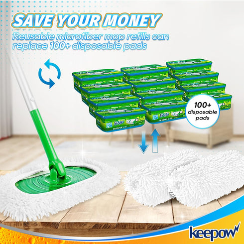 KEEPOW Reusable Microfiber Mop Pads for Swiffer Sweeper, Washable Wet Mopping Cloth Refills, 4 Pack