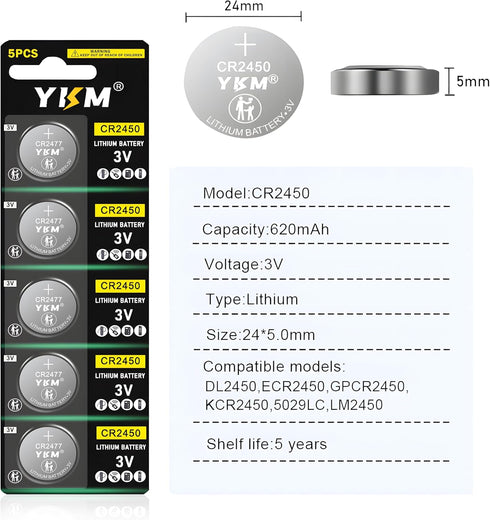 CR2450 3 Volt Battery DL2450 ECR2450 BR2450 2450 3V Lithium Battery for Tea Light Candles Car Remote Key Fob Alarm Sensor Watch Coin Cell Battery 5 Pack