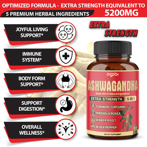 Ashwagandha Supplement Capsules, 90 Count with Ginger Root, Turmeric, Rhodiola Rosea & Black Pepper