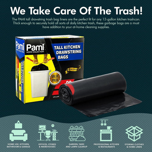 PAMI 13-Gallon Tall Kitchen Drawstring Trash Bags, 80-Pack, Black, Extra-Strong Plastic Liners for Kitchen & Outdoor