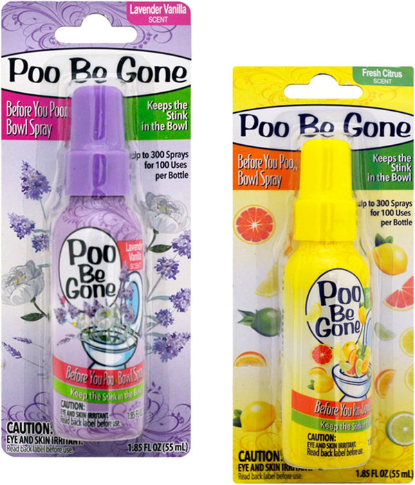 4 Pack of Poo Be Gone Stinky Bowl Toilet Perfume Spray, Lavender Vanilla and Fresh Citrus, 1.85oz Bottles