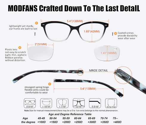 MODFANS Women Reading Glasses 1.5, 4 Pair Stylish Ladies Readers with Comfort Spring Hinge, Pouch Included