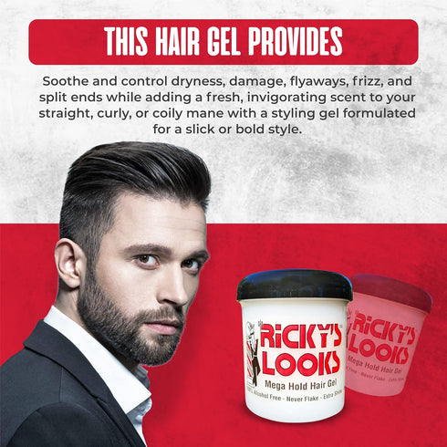 Ricky's Looks Mega Hold Styling Hair Gel for Curly, Frizzy, Straight, Wavy & Fine Hair, Flake Free