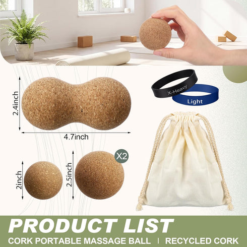 Set 4 2 1 Konohan Cork Massage Balls & Toe Stretching Bands Includes Peanut & Round Myofascial Release Balls, Toe