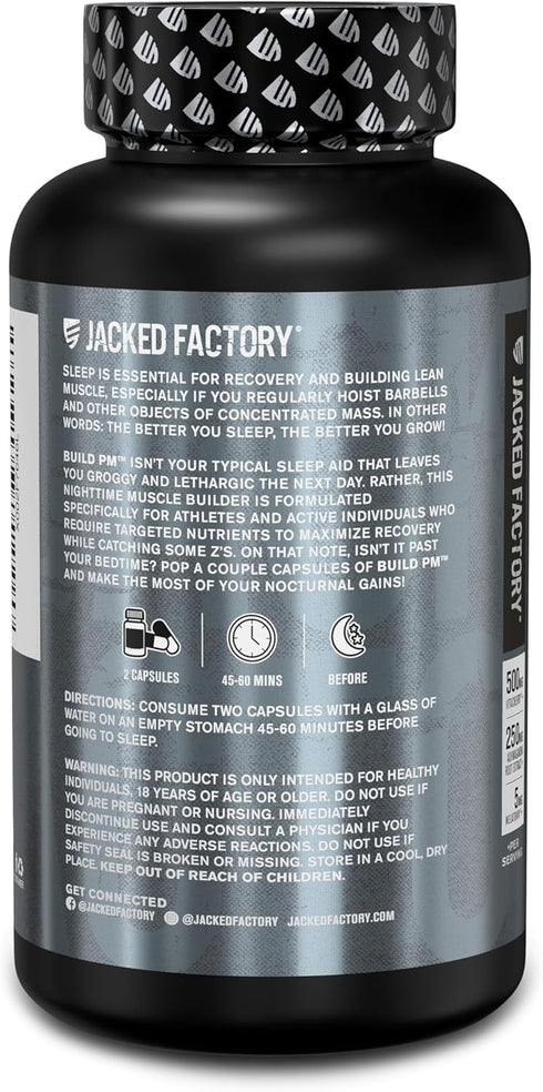 Jacked Factory Build PM Night Time Muscle Builder & Sleep Aid Supplement with VitaCherry, Ashwagandha, Melatonin - 60