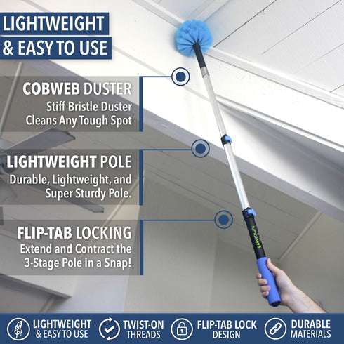 EVERSPROUT 1.5-to-3 Foot Cobweb Duster and Extension-Pole Combo (8-10 Ft Standing Reach, Medium-Stiff Bristles) | Lightweight 3-Stage Aluminum Pole | Hand-Packaged Indoor/Outdoor Use Brush Attachment by EVERSPROUT