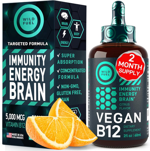 Vegan Vitamin B12 Liquid Drops - Fast-Acting 60 x 5000mcg Methylcobalamin Supplement - Energy, Memory, Mood Support -