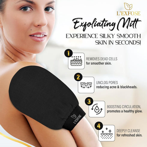 L'Exfose Kessa Hammam Deep Exfoliating Glove, 2pc Korean Mitt for Dead Skin Remover and Self-Tanning