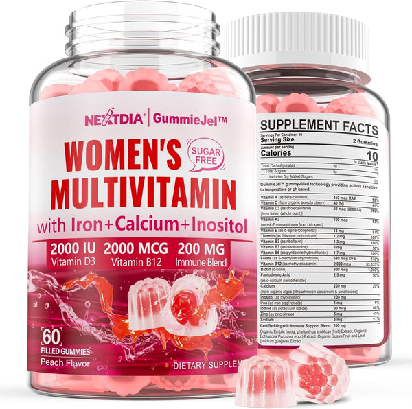 Sugar-Free Methylated Multivitamin for Women Gummies with Algae Calcium, Vitamin A, C, D3, E, K, B12, Iron, Biotin