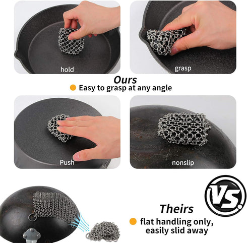 2pack Cast Iron Scrubber | 316 Chainmail Scrubber for Cast Iron Pan, Silicone Insert Cleaner