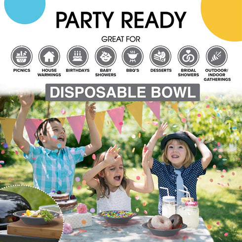 Exquisite Solid Color Plastic Dessert/Salad Bowls - 100 Count, 12 oz, Silver - Disposable Bowls