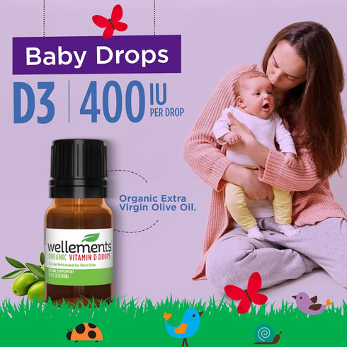 Wellements Baby Organic Vitamin D Drops – Certified Liquid Vitamin D3 for Infants & Toddlers (0.15 Fl Oz)