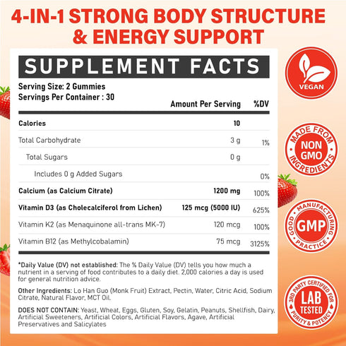 ZEGBALP 1200 D3 Gummies D3 5000IU, K2, B12 60 Gummies Calcium mg with Vitamin Supplement for Adults - Calcium